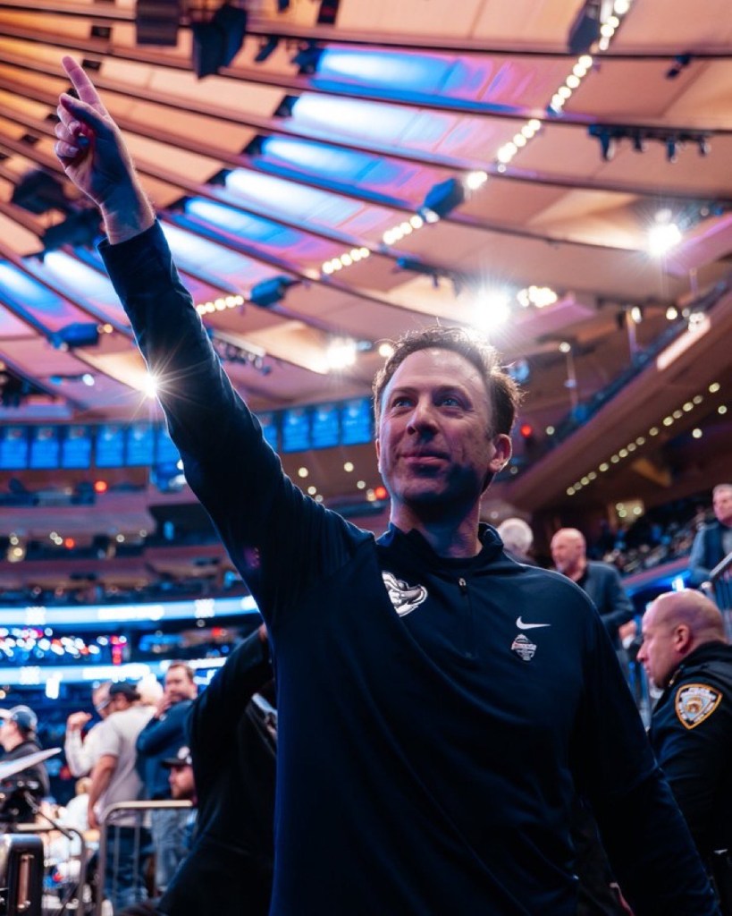 Richard Pitino waves to fans after beating Marquette in Madison Square Garden on 3/12/26