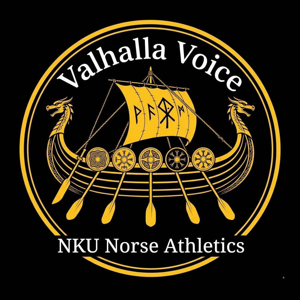 Valhalla Voice Logo featuring a viking longship, and Valhalla Voice | NKU Norse Athletics 