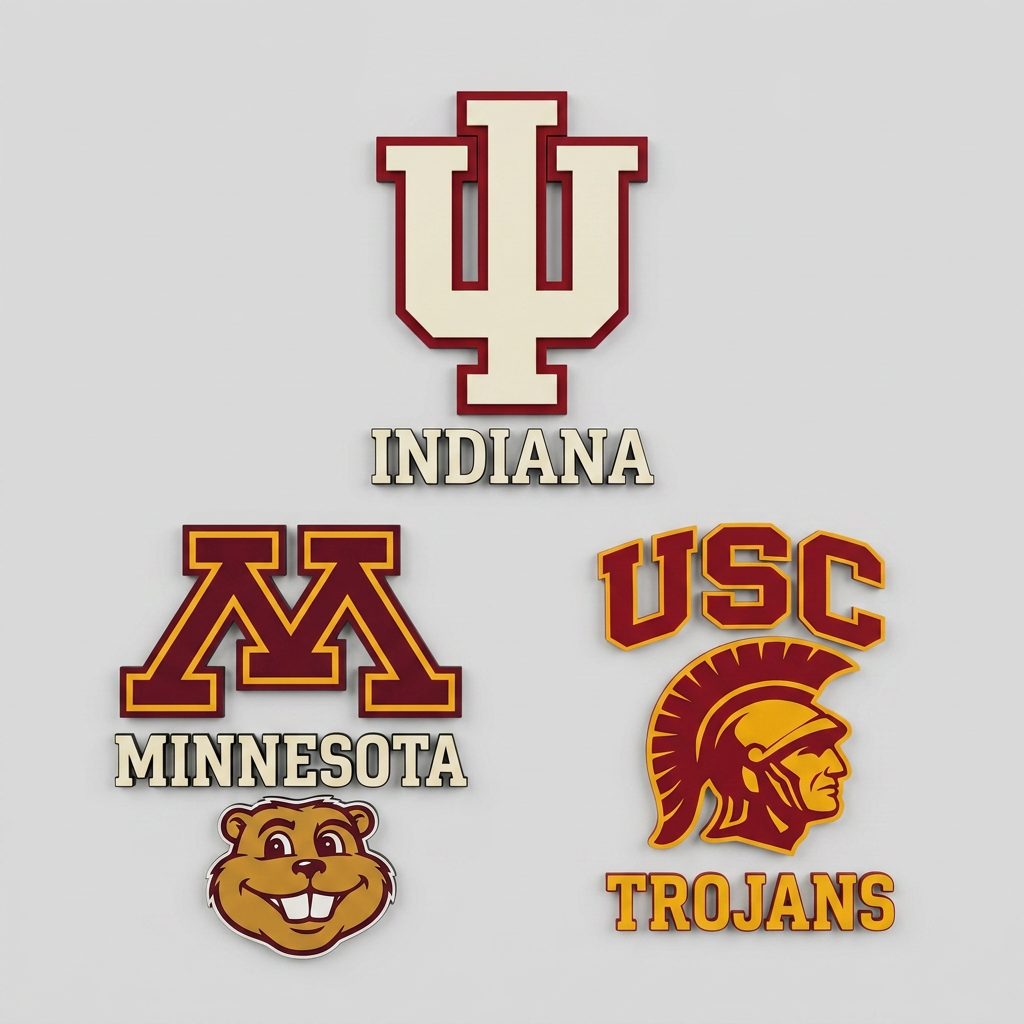 Indiana University, University of Minnesota, and USC Trojans logos on display panel